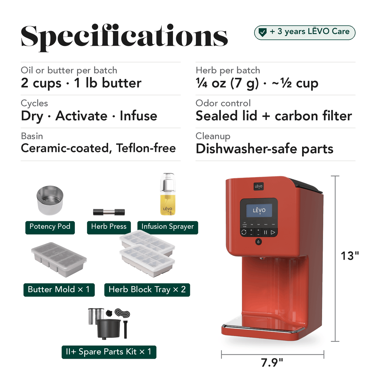 LĒVO II+ Ultimate Bundle in Paprika Red specifications, contents and machine dimensions