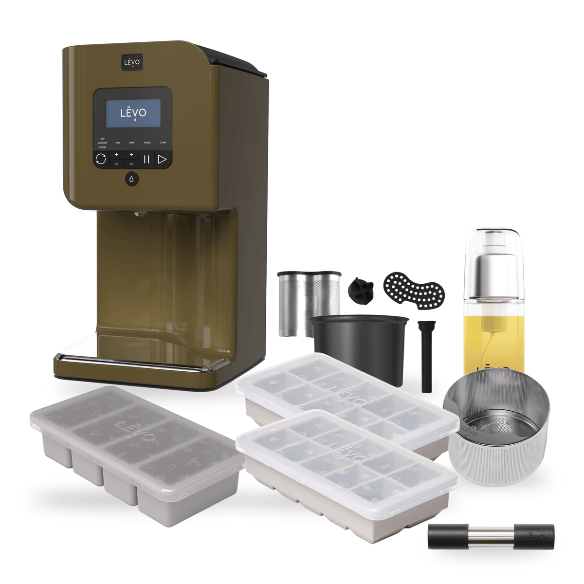 LĒVO II+ Ultimate Bundle in Chestnut Brown with the Potency Pod, Herb Press, Silicone Butter Mold, two Herb Block Trays, Infusion Sprayer and II+ Spare Parts Kit