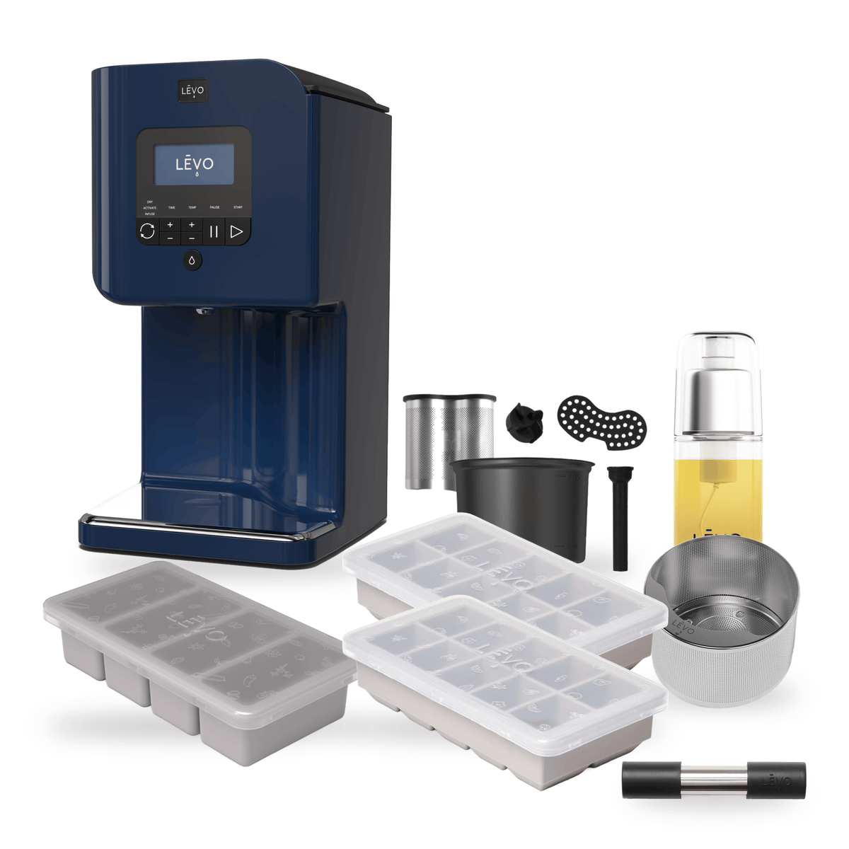 LĒVO II+ Ultimate Bundle in Midnight Blue with the Potency Pod, Herb Press, Silicone Butter Mold, two Herb Block Trays, Infusion Sprayer and II+ Spare Parts Kit