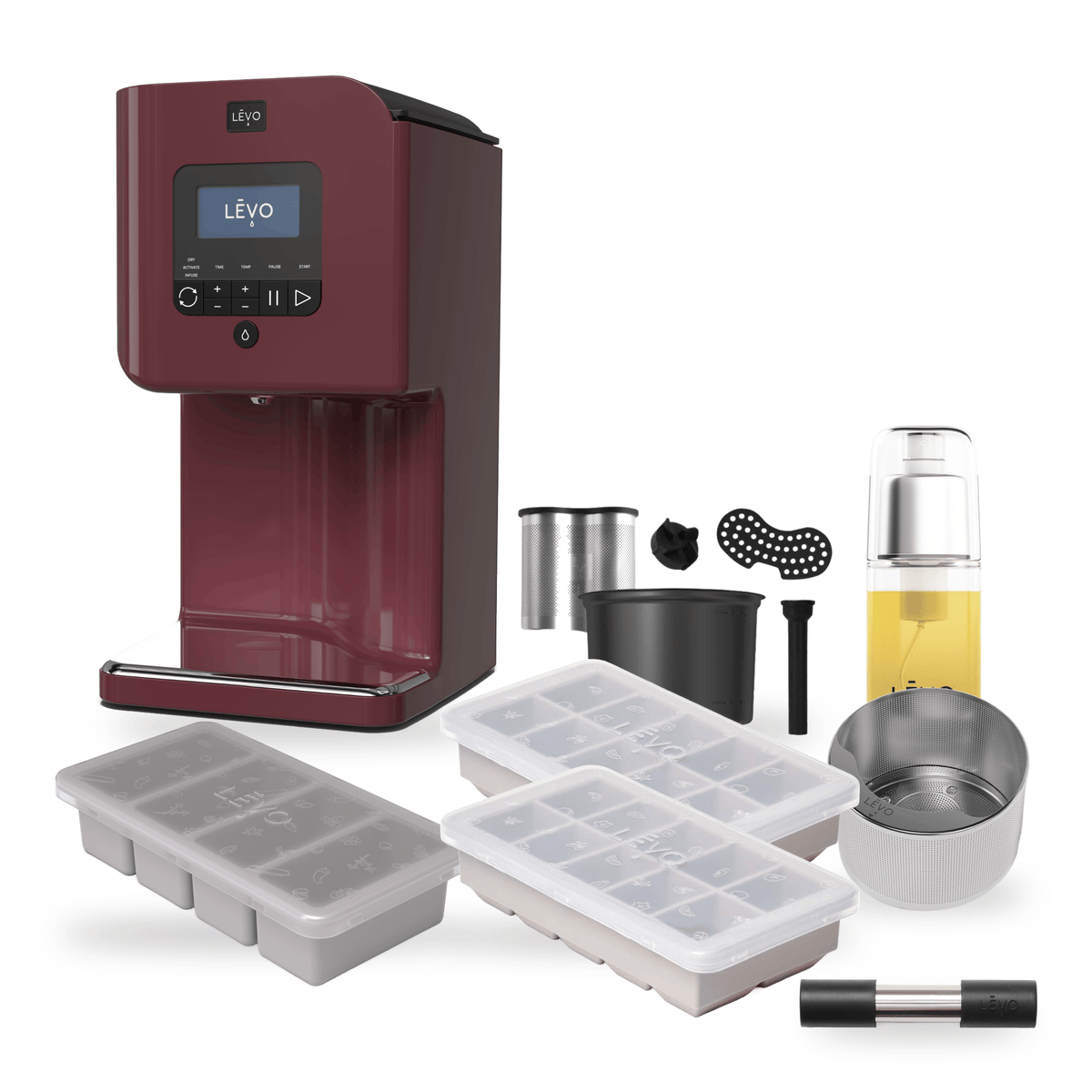 LĒVO II+ Ultimate Bundle in Mulberry with the Potency Pod, Herb Press, Silicone Butter Mold, two Herb Block Trays, Infusion Sprayer and II+ Spare Parts Kit