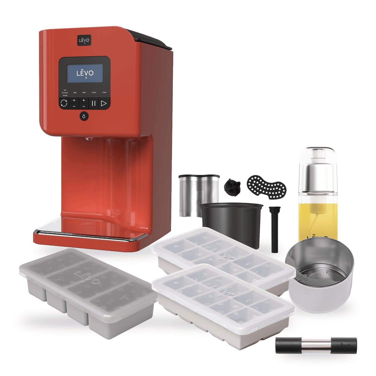 LĒVO II+ Ultimate Bundle in Paprika Red with the Potency Pod, Herb Press, Silicone Butter Mold, two Herb Block Trays, Infusion Sprayer and II+ Spare Parts Kit