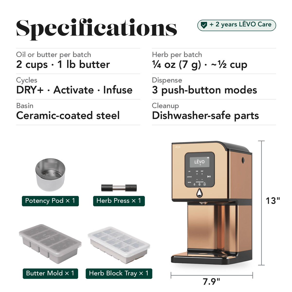 LĒVO Lux Core Bundle in French Copper specifications, contents and machine dimensions