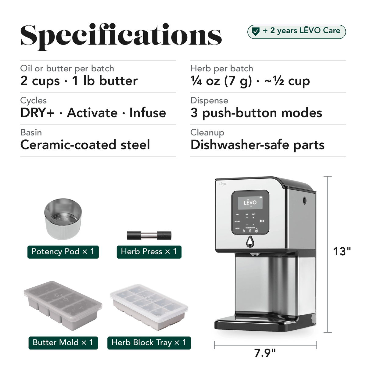 LĒVO Lux Core Bundle in Stainless Steel specifications, contents and machine dimensions