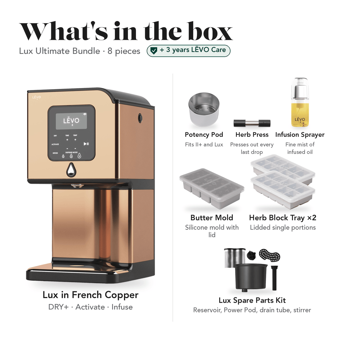 LĒVO Lux Ultimate Bundle in French Copper: what's in the box, 8 pieces: LĒVO Lux, Potency Pod, Herb Press, Silicone Butter Mold, two Herb Block Trays, Infusion Sprayer and Lux Spare Parts Kit, plus 3 years of LĒVO Care