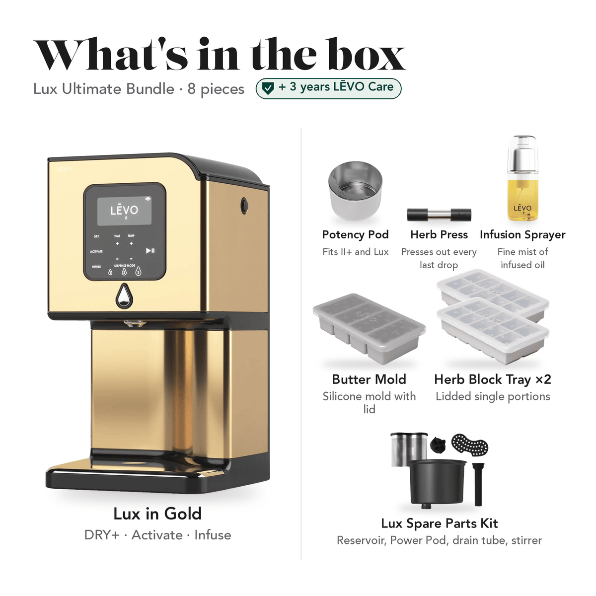 LĒVO Lux Ultimate Bundle in Gold: what's in the box, 8 pieces: LĒVO Lux, Potency Pod, Herb Press, Silicone Butter Mold, two Herb Block Trays, Infusion Sprayer and Lux Spare Parts Kit, plus 3 years of LĒVO Care