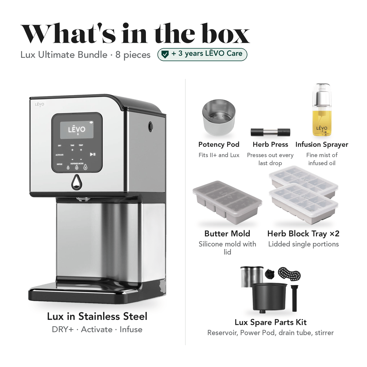 LĒVO Lux Ultimate Bundle in Stainless Steel: what's in the box, 8 pieces: LĒVO Lux, Potency Pod, Herb Press, Silicone Butter Mold, two Herb Block Trays, Infusion Sprayer and Lux Spare Parts Kit, plus 3 years of LĒVO Care #LĒVO Lux — Color_Stainless Steel