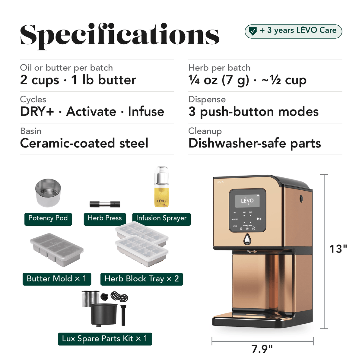 LĒVO Lux Ultimate Bundle in French Copper specifications, contents and machine dimensions