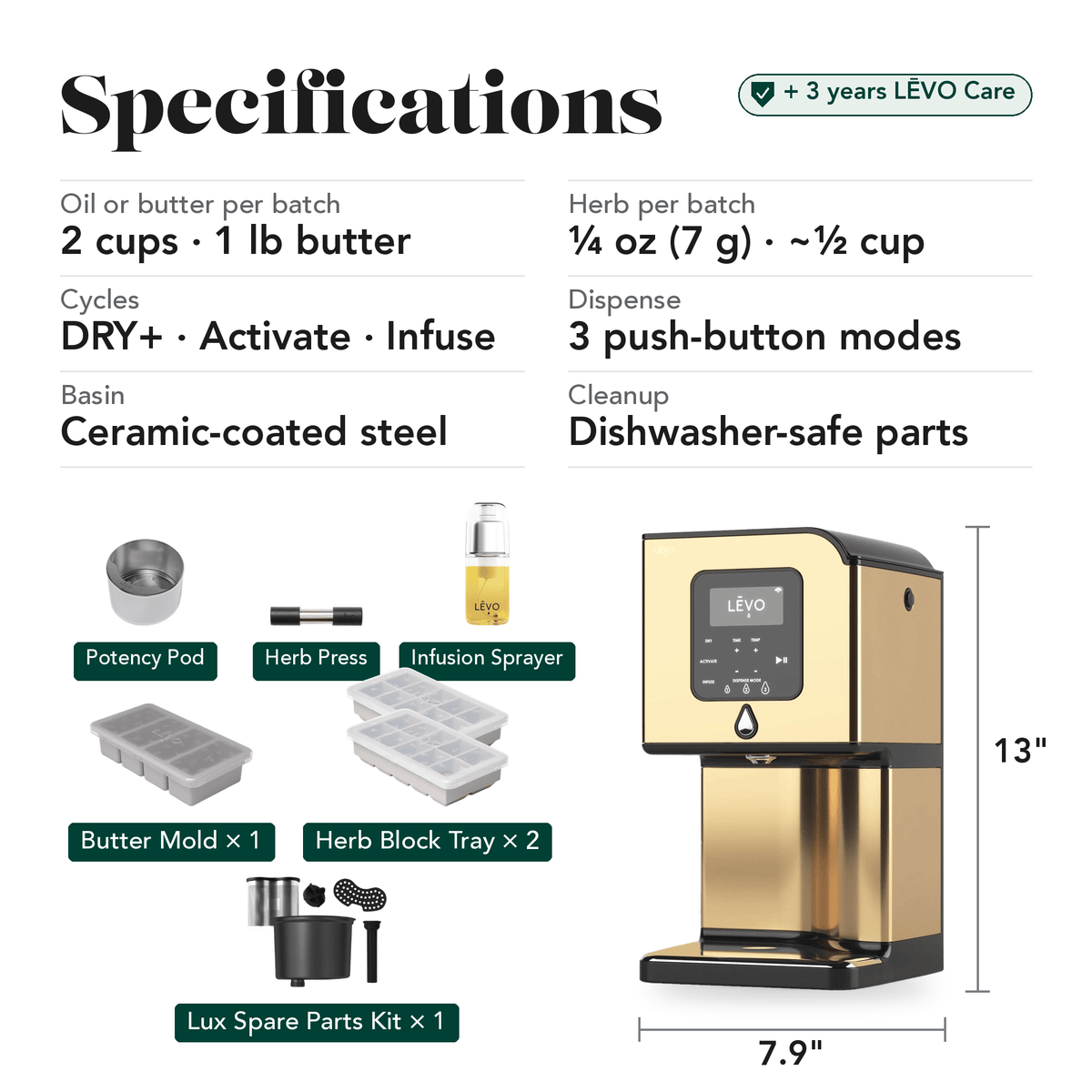 LĒVO Lux Ultimate Bundle in Gold specifications, contents and machine dimensions