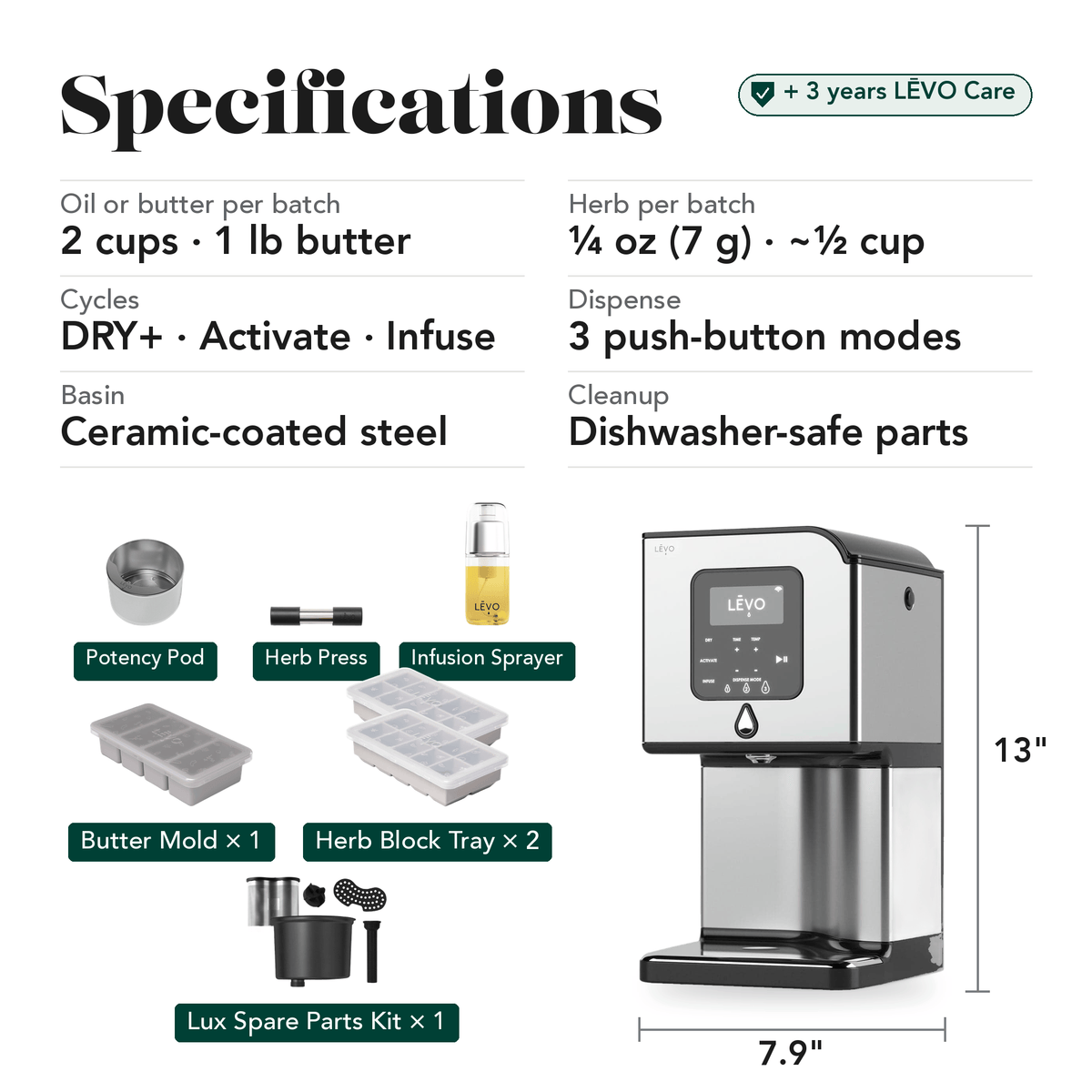LĒVO Lux Ultimate Bundle in Stainless Steel specifications, contents and machine dimensions