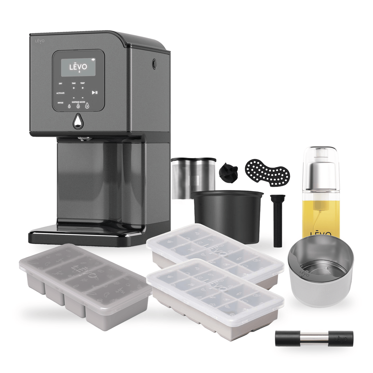 LĒVO Lux Ultimate Bundle in Black Steel with the Potency Pod, Herb Press, Silicone Butter Mold, two Herb Block Trays, Infusion Sprayer and Lux Spare Parts Kit