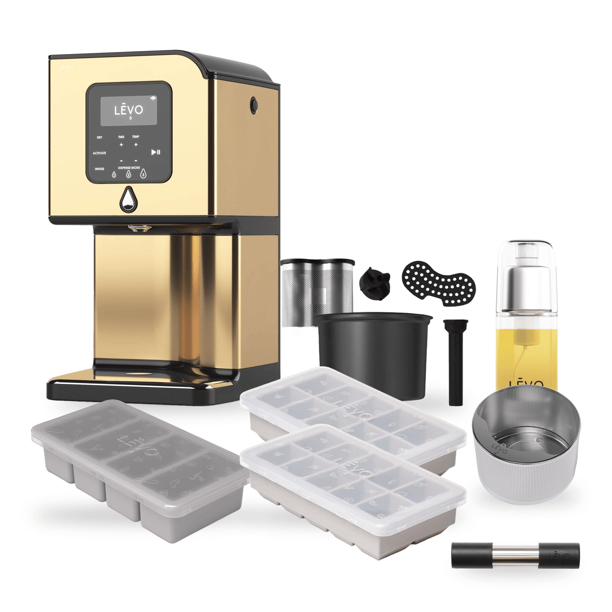 LĒVO Lux Ultimate Bundle in Gold with the Potency Pod, Herb Press, Silicone Butter Mold, two Herb Block Trays, Infusion Sprayer and Lux Spare Parts Kit