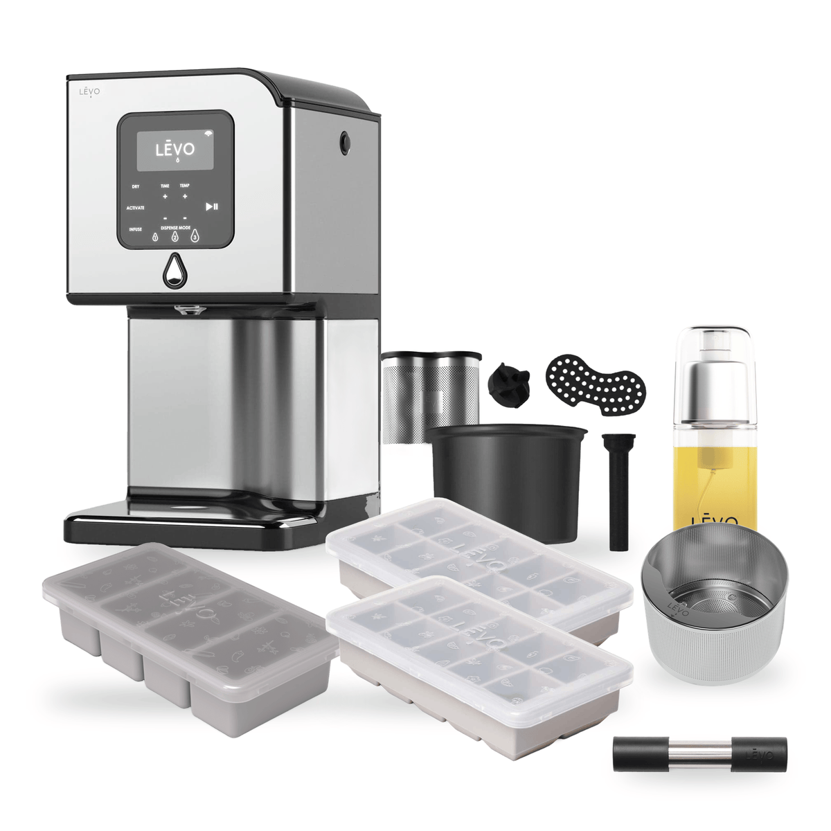 LĒVO Lux Ultimate Bundle in Stainless Steel with the Potency Pod, Herb Press, Silicone Butter Mold, two Herb Block Trays, Infusion Sprayer and Lux Spare Parts Kit #LĒVO Lux — Color_Stainless Steel