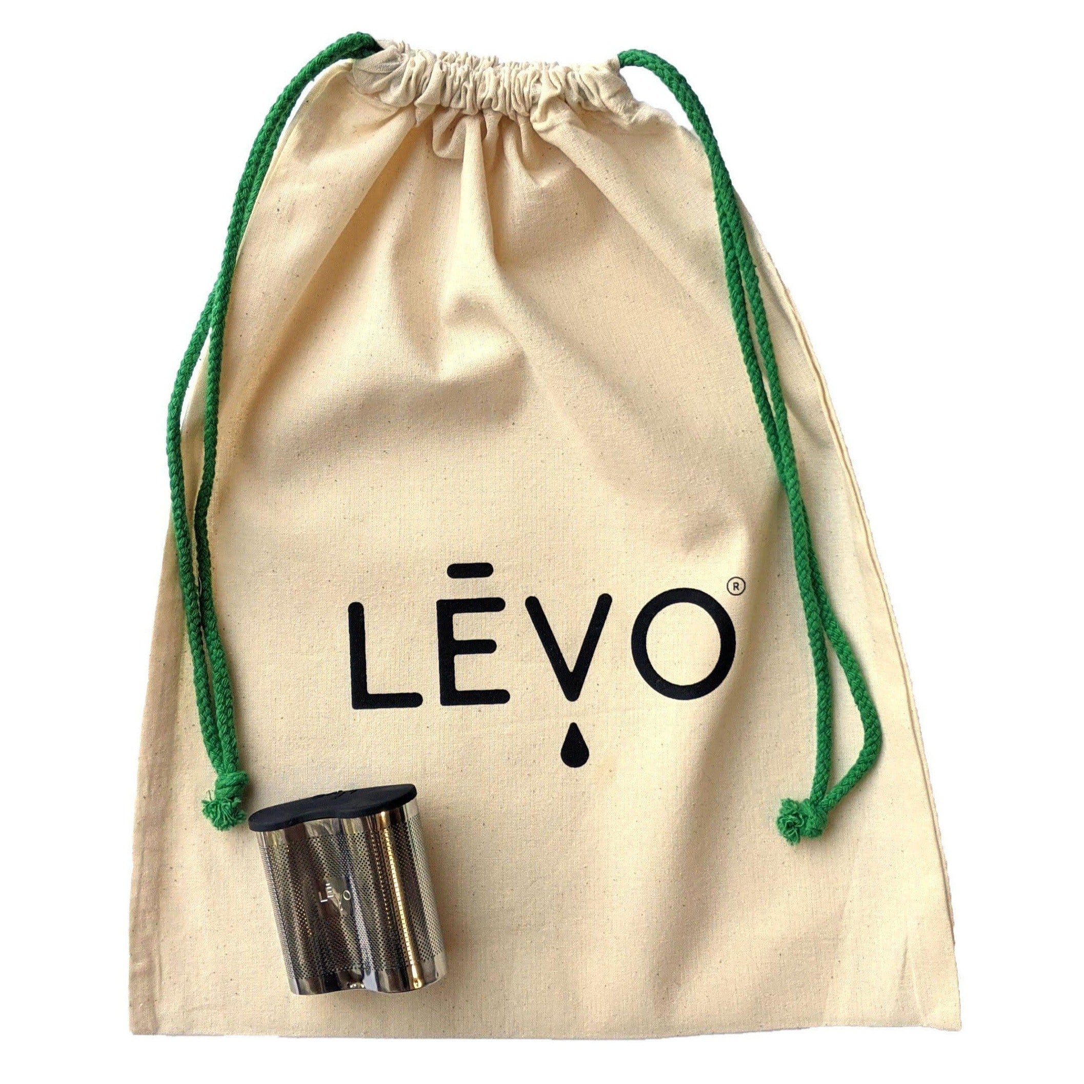 LEVO drawstring bag with pod for size comparison