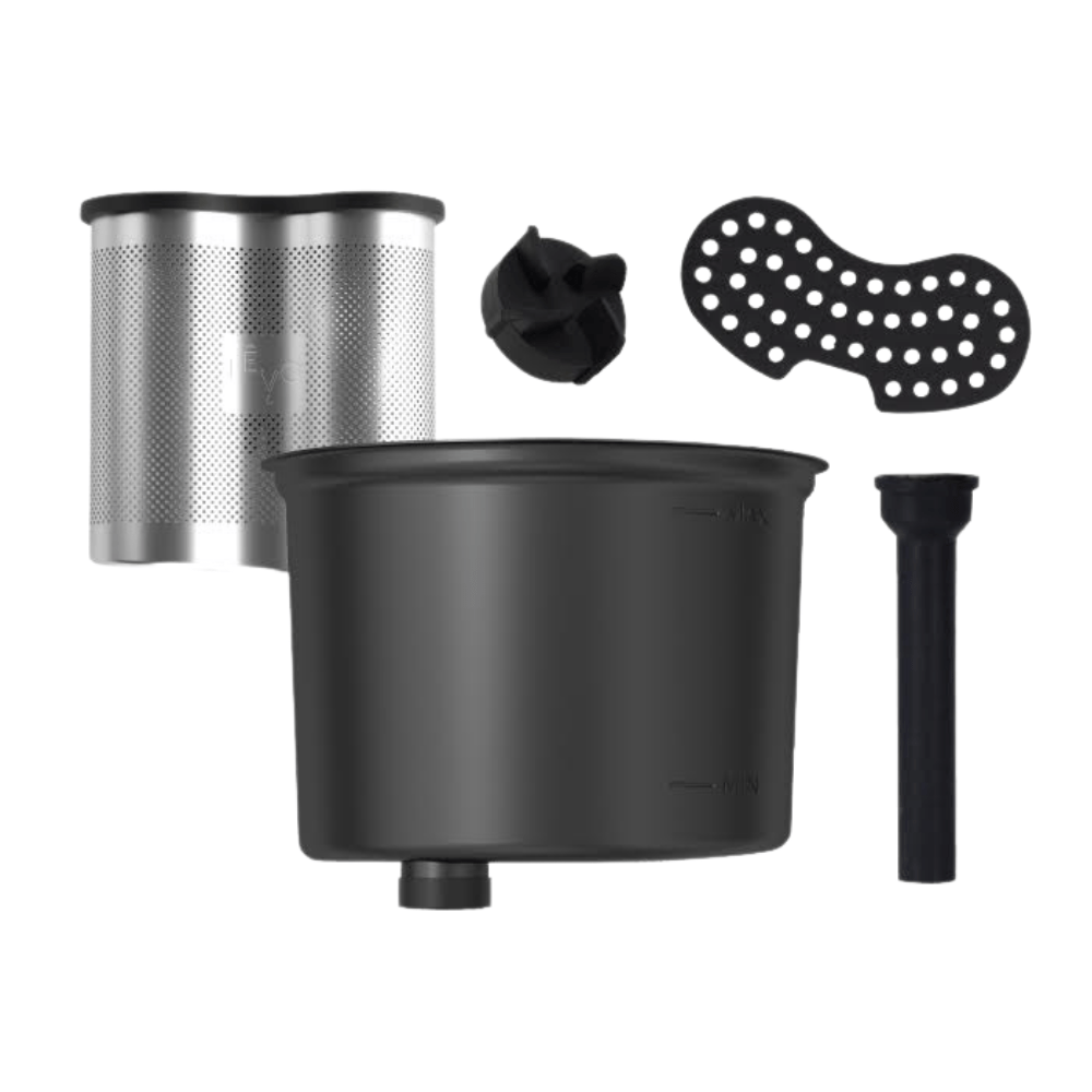 The LEVO II Spare Parts Kit contains a Power Pod, Silicone Pod Protector, Drain Tube, Magnetic stirrer, and Reservoir