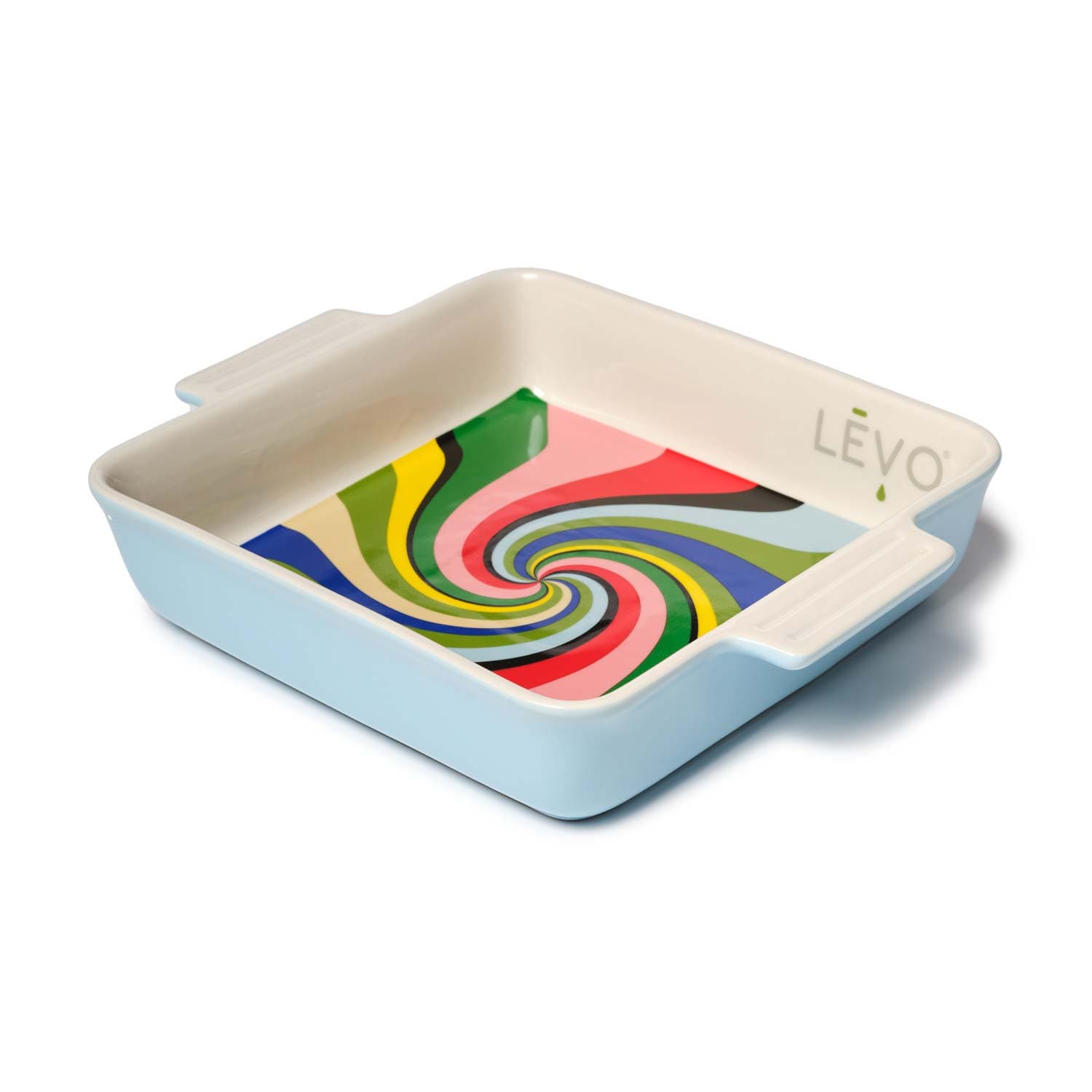 LEVO Porcelain Baking Dish with multicolor swirl decal and logo