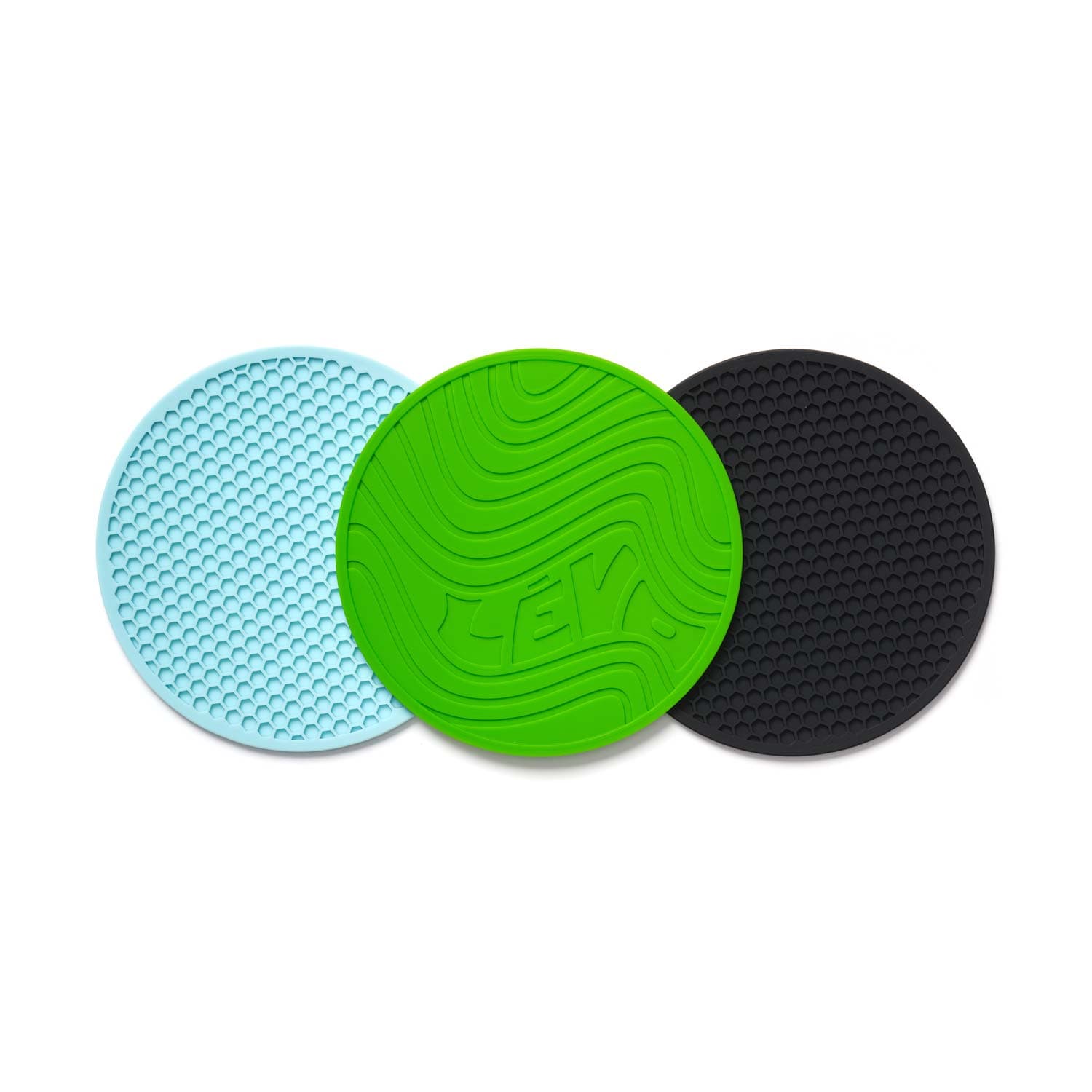 LEVO Silicone Trivets in green, blue, and black back part