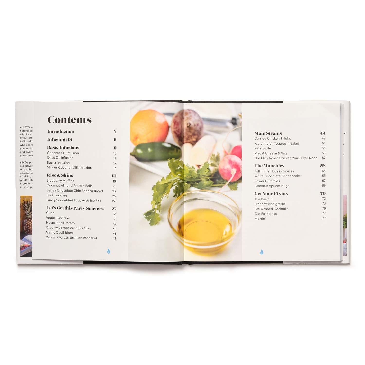 LĒVO's Inspired Infusions, Elevated Edibles table of contents. Get recipe ideas from breakfast to snacks, from desserts to cocktails. Elevate your cooking.