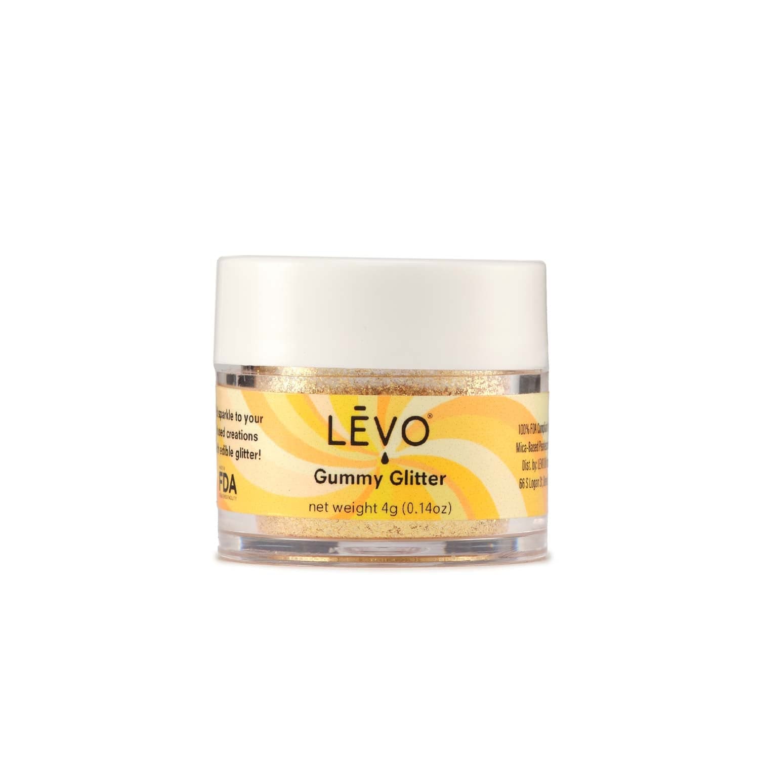 LEVO gummy glitter in gold. Discover a world of flavor and sparkle with the Gummy Decorating Kit's Edible Glitter, Shimmer, and Sour Sugars.