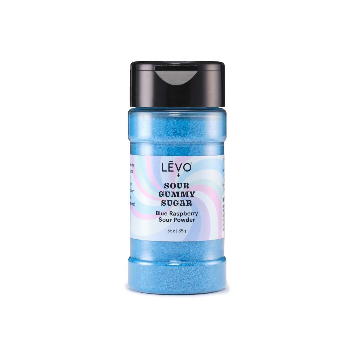 LEVO sour gummy sugar in blue raspberry sour powder. Create stunning and flavorful gummies with the Gummy Decorating Kit including Edible Glitter, Shimmer, and Sour Sugars.