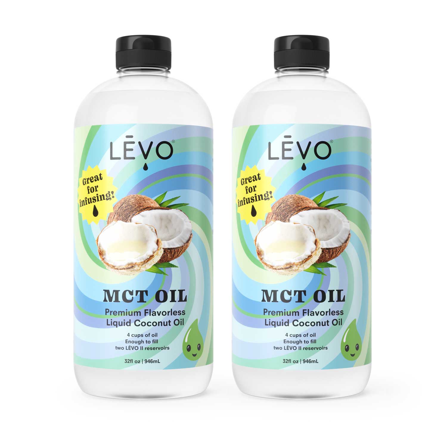 LEVO MCT Oil is a premium, flavorless liquid coconut oil. At 32 fl oz, it will fill 2 LEVO II reservoirs to capacity, 4 cups total. Great for infusing! LĒVO Premium MCT Liquid Coconut Oil: A versatile infusion oil for gummies, baked goods, and beverages.