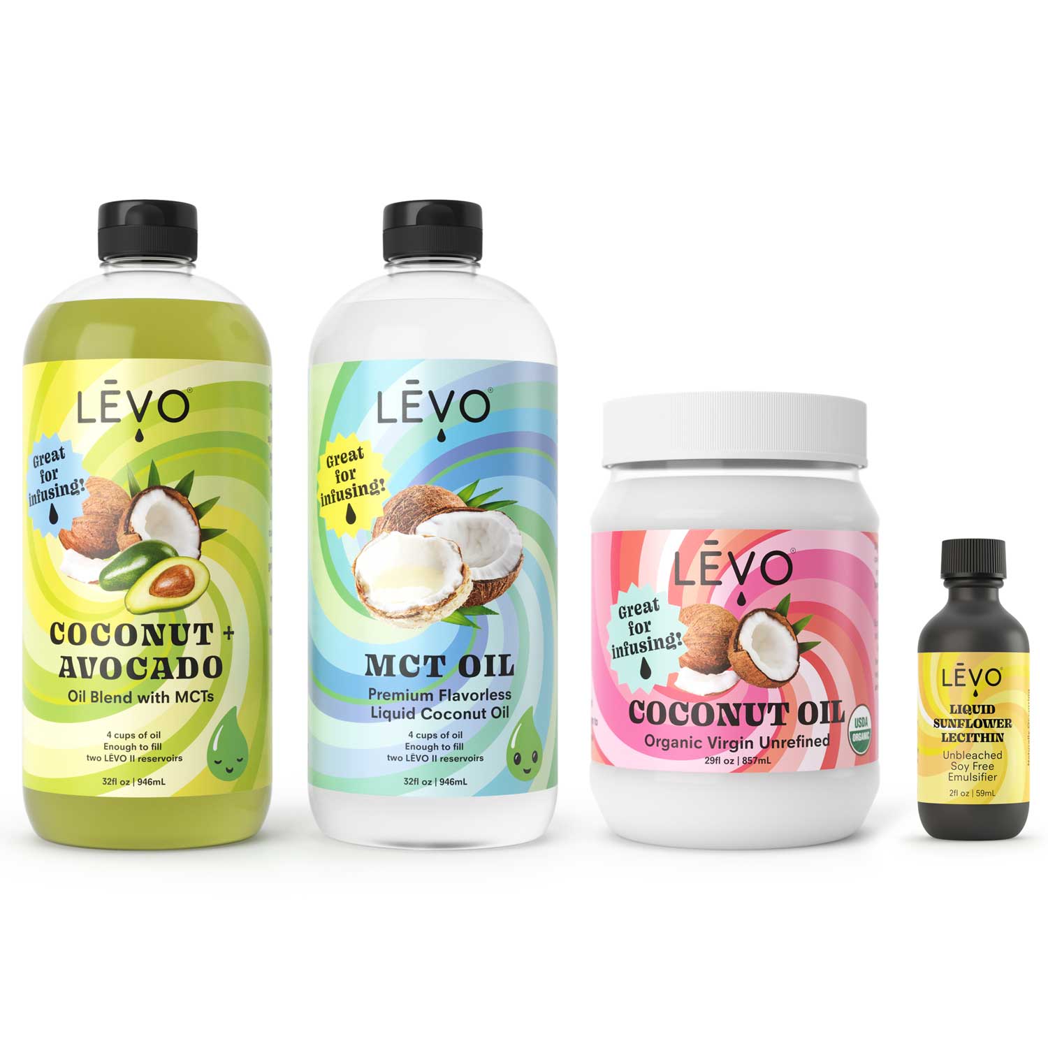 LEVO branded Coconut Avocado oil, MCT oil, Coconut oil, and lecithin