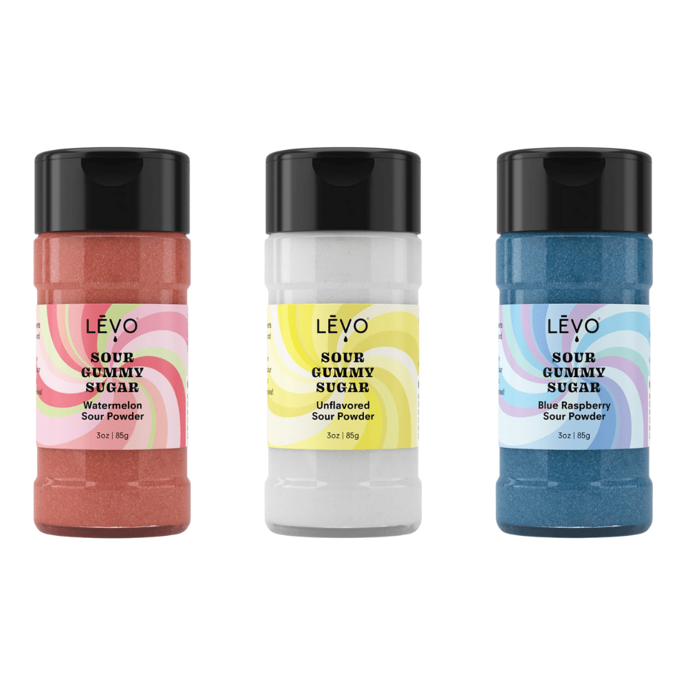 Sour gummy powder to dust on your LEVO infused gummies. The sour gummy powder trio comes with 3 flavors of candy finishing sugar. Great for frosted desserts like cupcakes and cake pops, too. Sour Gummy Sugar Trio - Unflavored, Watermelon, and Blue Raspberry varieties for irresistible tangy treats.
