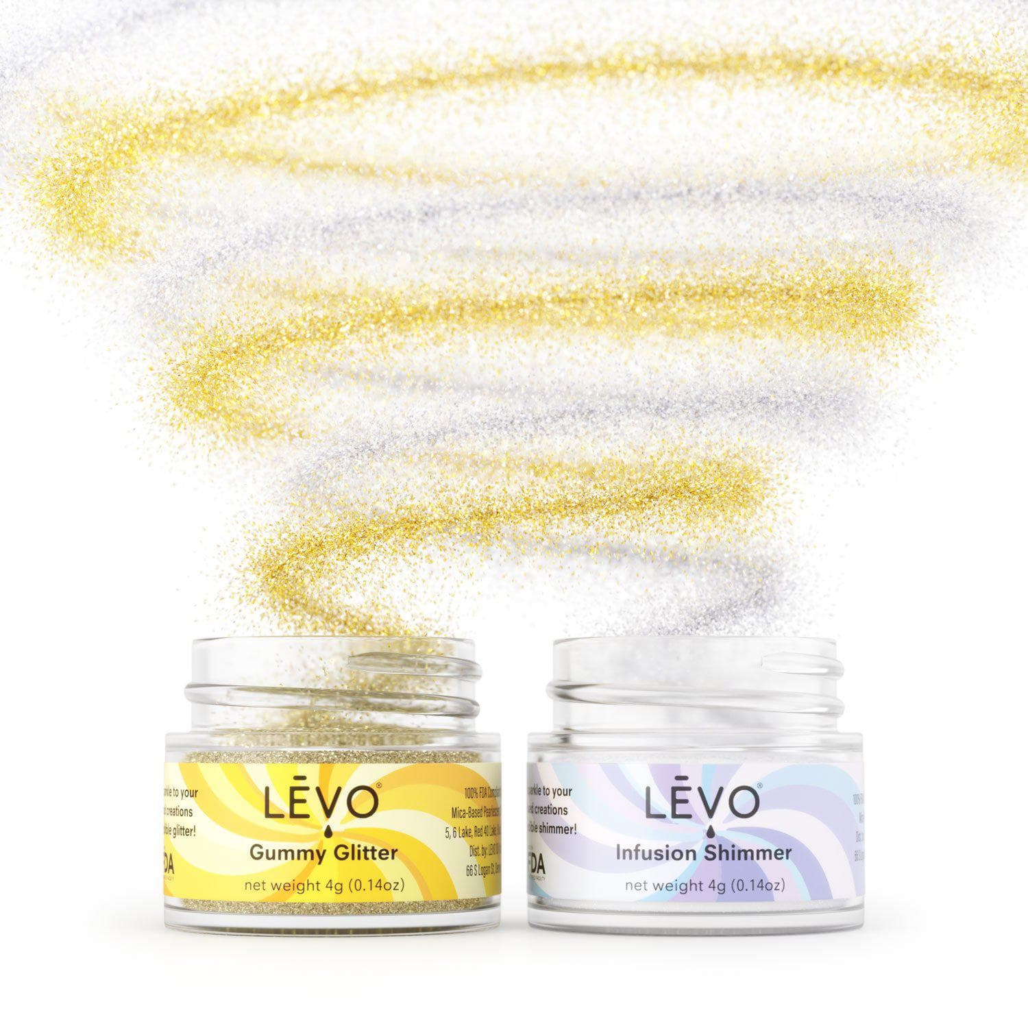 Shimmer and shine with LEVO edible glitter and iridescent sparkle. Sprinkle it onto any food or drink you like. Elevate your edibles with the Gummy Glitter + Infusion Shimmer Kit, featuring gold edible gummy glitter and iridescent infusion shimmer powder.