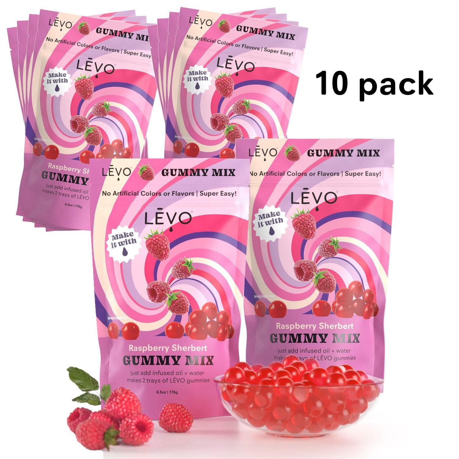 LEVO Raspberry powdered gummy mix 10-pack, make bulk infused edible gummies.