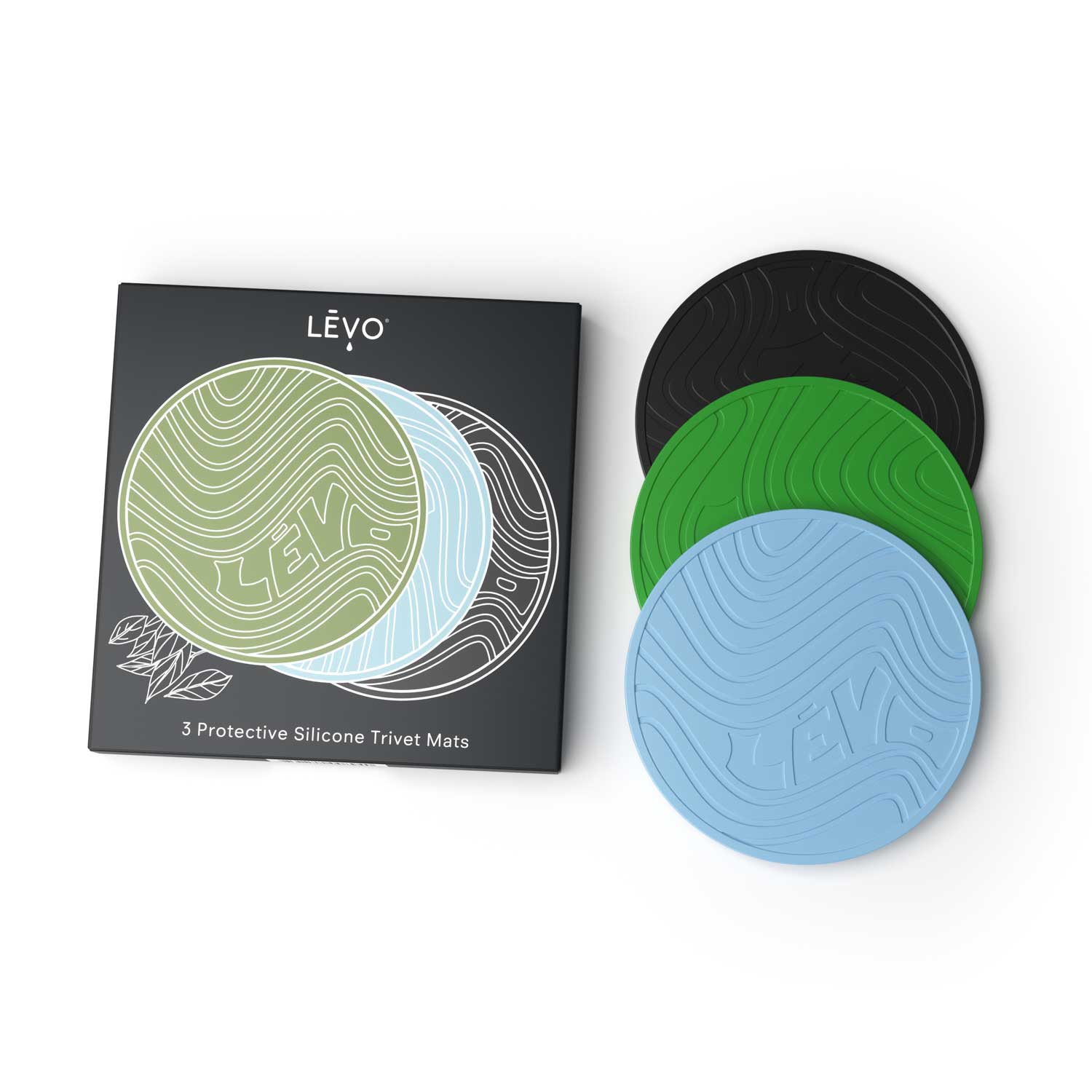 LĒVO Silicone Trivets in green, blue, and black with packaging