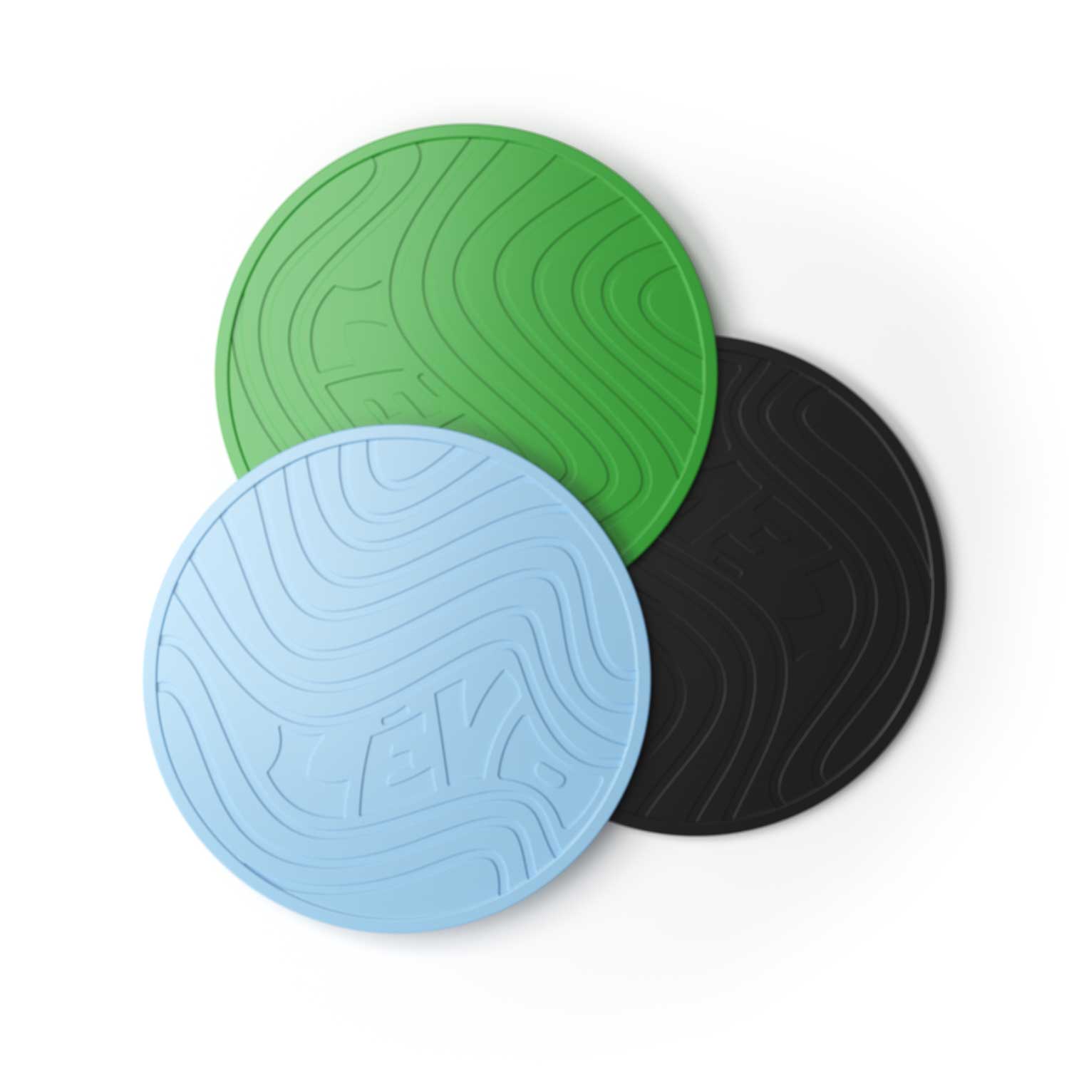 LEVO Silicone Trivets in green, blue, and black