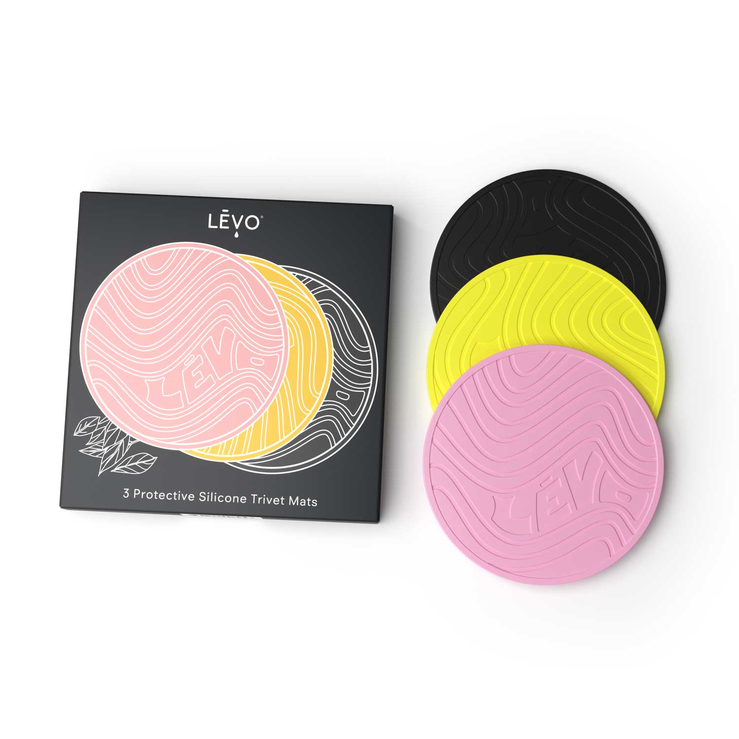 LEVO Silicone Trivets in yellow, pink, and black with packaging