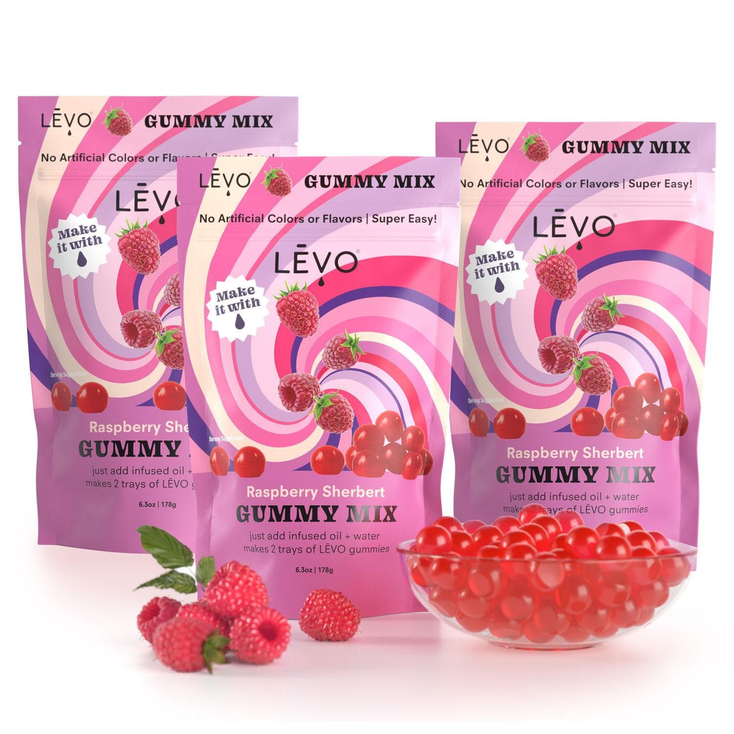 Three pack of LĒVO Raspberry Gummy Mix. Bundle and Save! All natural color and flavor mixes.