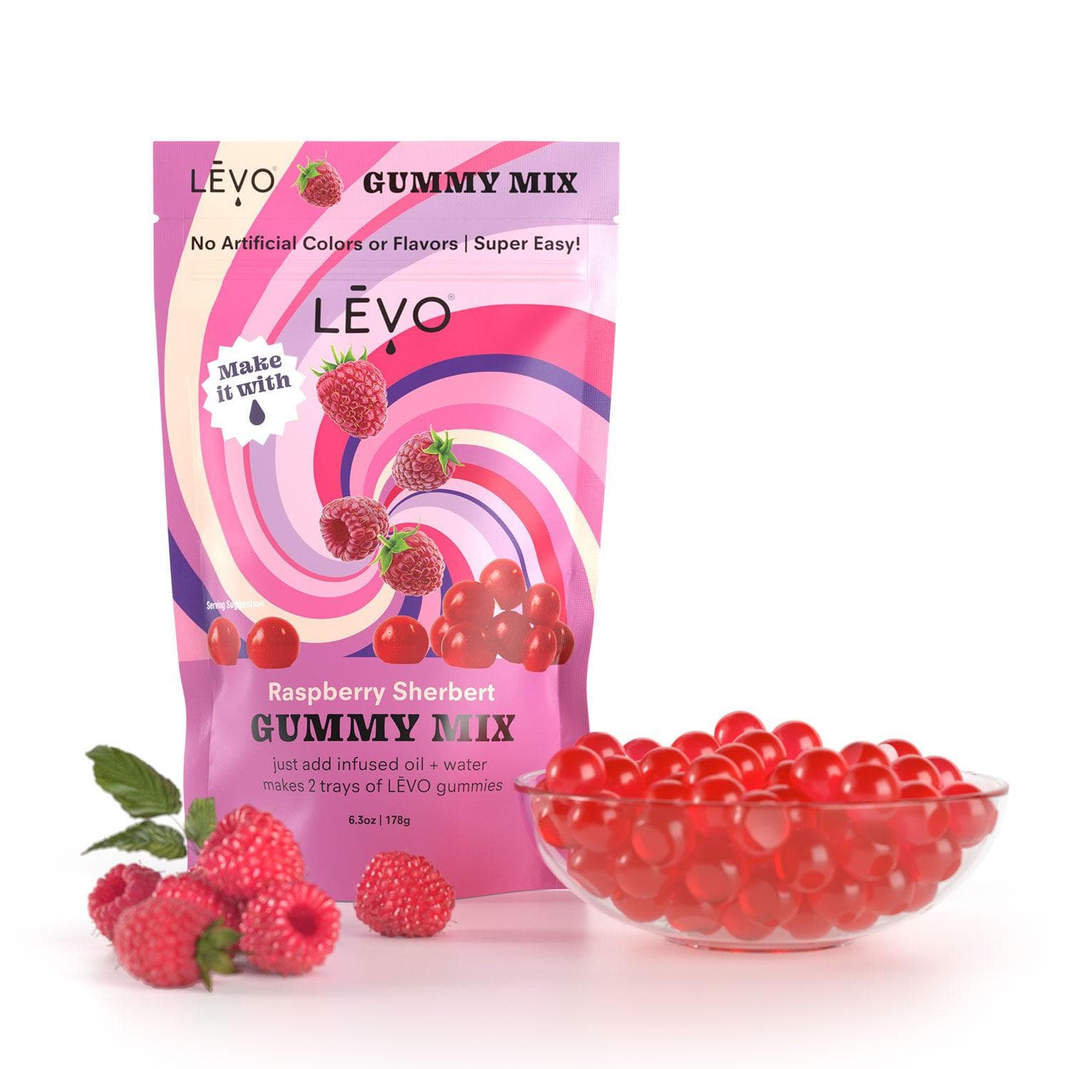LEVO Gummy mix in raspberry sherbert. Raspberry Sherbert Gummy Mix - Delight your taste buds with the refreshing and fruity taste of raspberries in this LĒVO gummy mix.