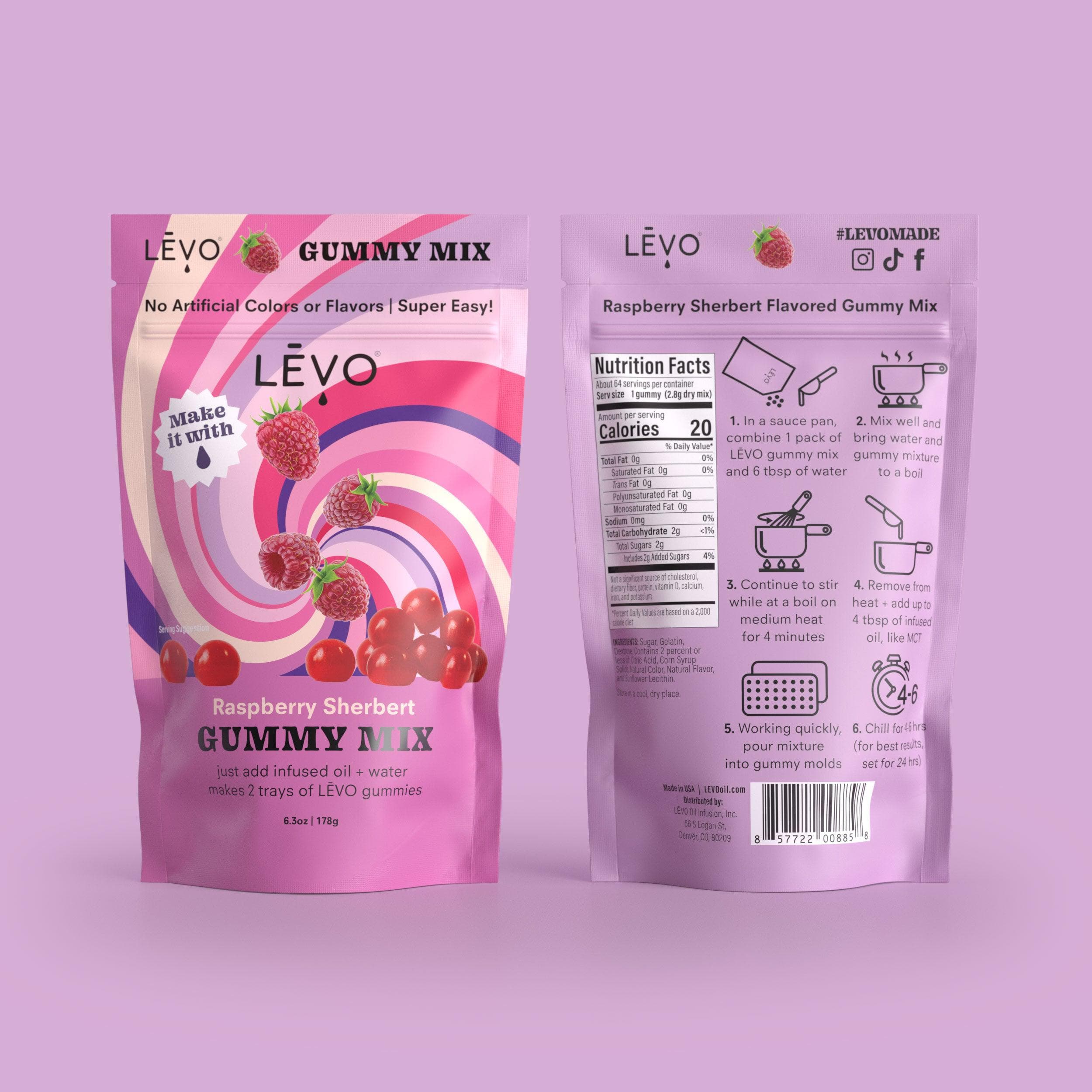 Looking to make edible and shareable snacks at home? Want to make gummies that will help you relax? Try LEVO Rasberry Sherbert Gummy Mix and follow the directions printed on the bag.