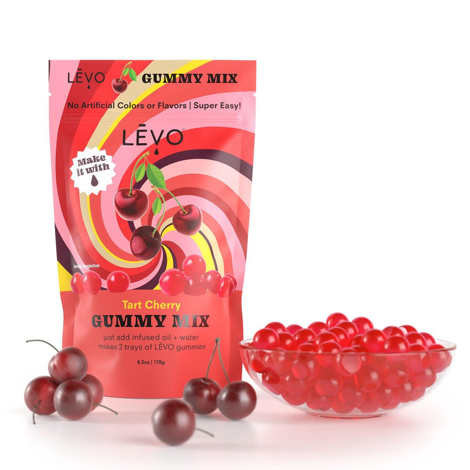 LEVO Gummy mix in tart cherry. Tart Cherry Gummy Mix - Indulge in the irresistible tangy flavor of tart cherries with this LĒVO gummy mix.