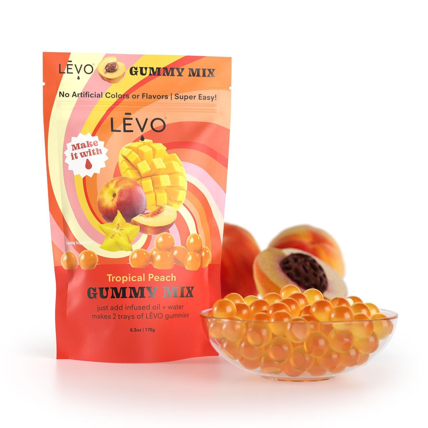 LEVO Gummy mix in tropical peach. Tropical Peach Gummy Mix - Experience a tropical escape with the juicy and sweet flavor of peaches in this LĒVO gummy mix.