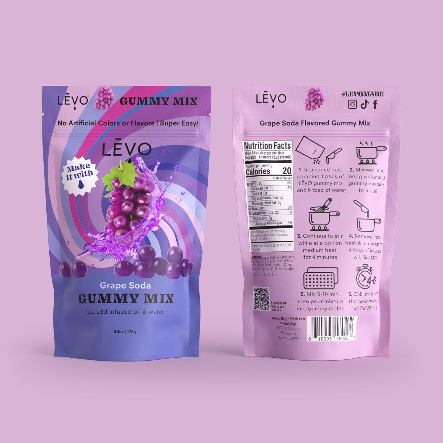Grape Soda all natural gummy mix ingredients and nutrition facts, to make your own infused edibles with your LEVO machine. 