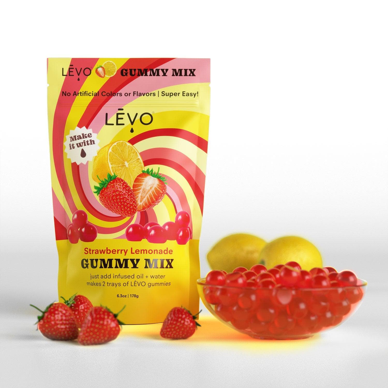 LEVO Gummy mix in strawberry lemonade. Strawberry Lemonade Gummy Mix - Enjoy the perfect blend of sweet strawberries and zesty lemonade in this LĒVO gummy mix.