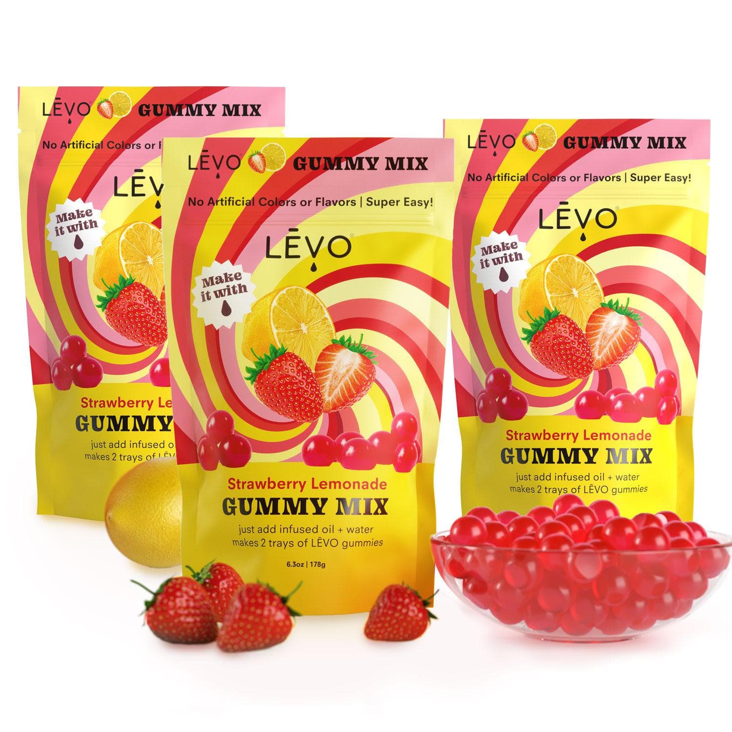 Three pack of LĒVO Strawberry Lemonade Gummy Mix. Bundle and Save! Make your own edibles with LEVO gummy mix.