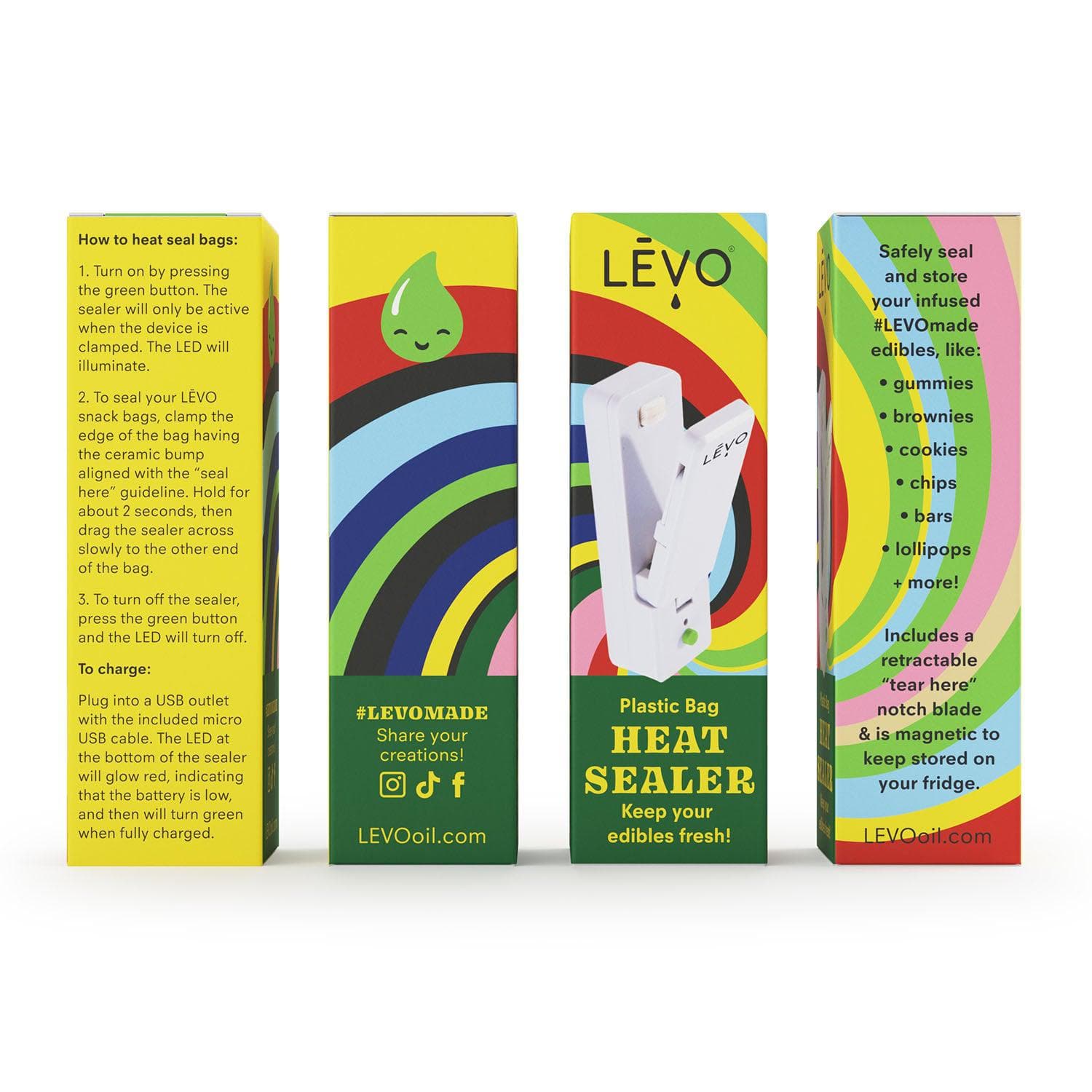 LEVO heat sealer box with instructions for sealing plastic bags for shareables.
