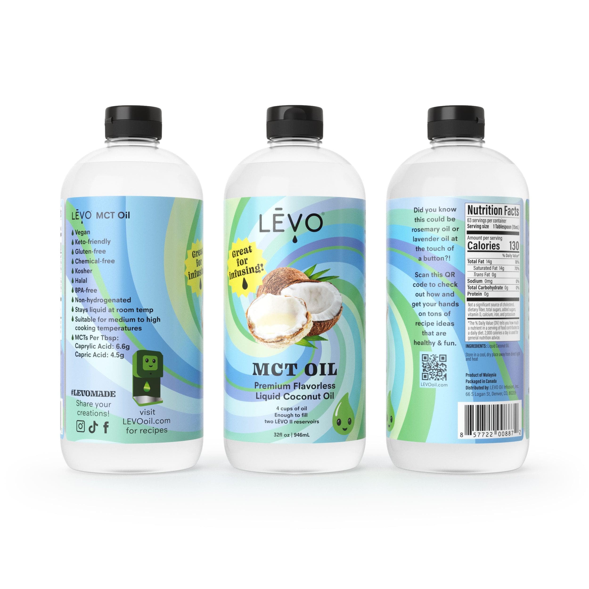 LEVO MCT oil 32oz front and back of bottle. MCT Oil - Infuse your gummy creations with this high-quality MCT oil, specially included in the Gummy Edibles Making Kit.