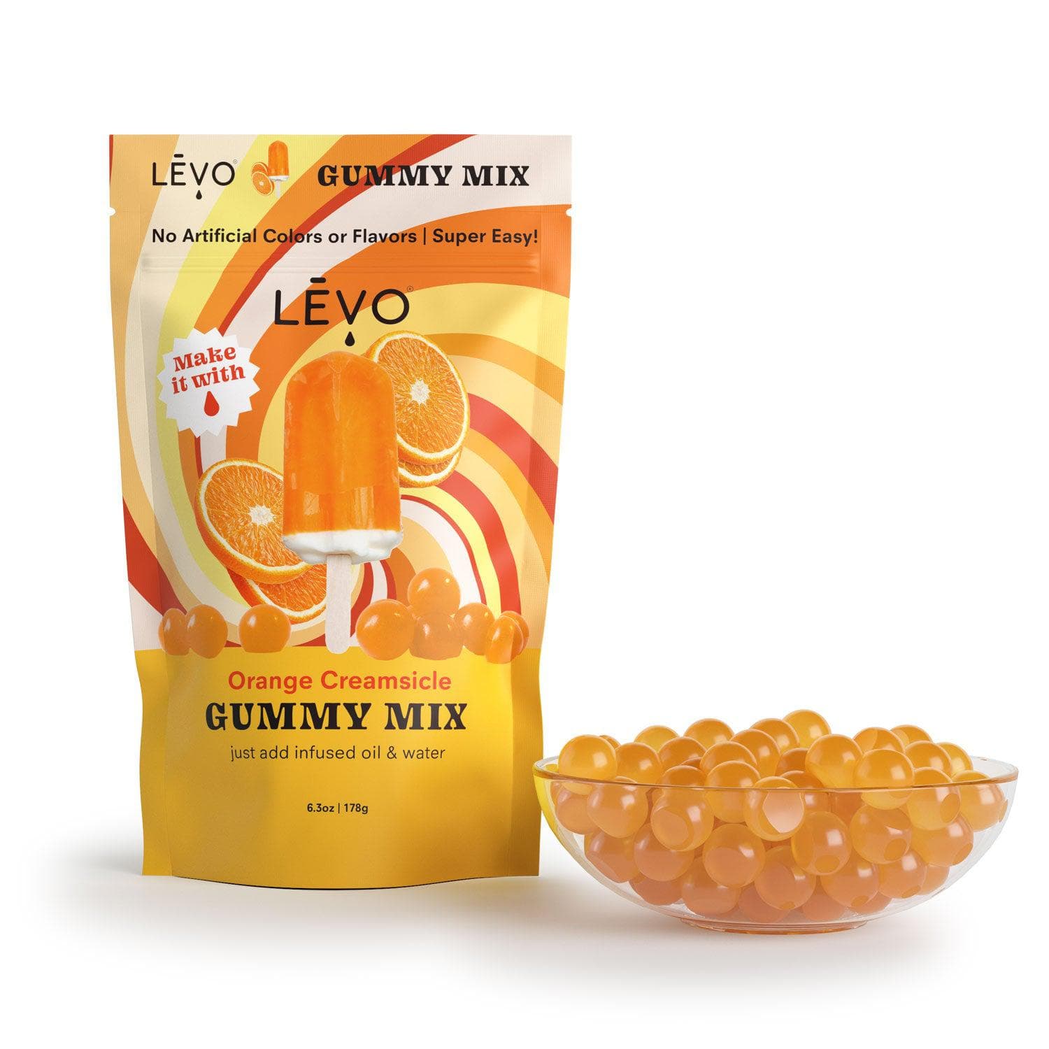LEVO Gummy mix in Orange Creamsicle. Orange Creamsicle Gummy Mix - Treat yourself to the creamy and citrusy goodness of orange creamsicles with this LĒVO gummy mix.