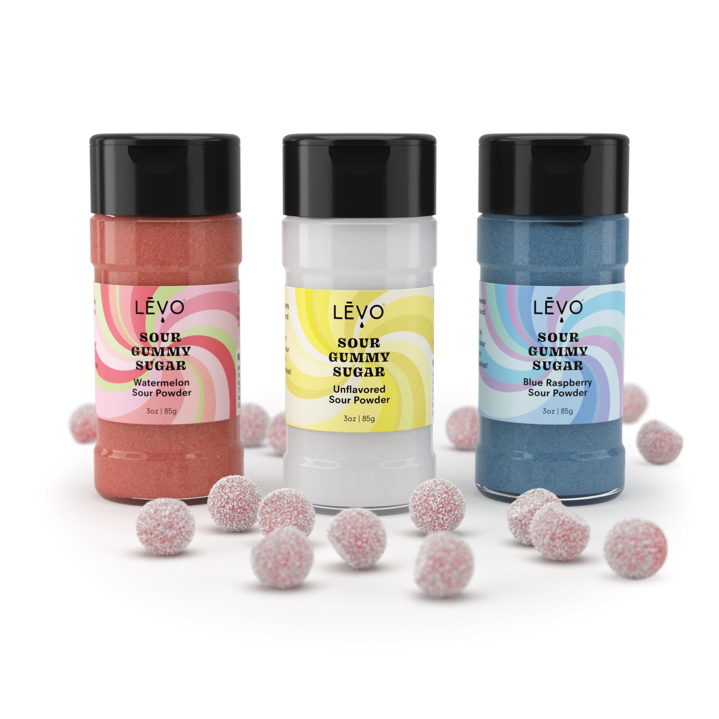 LEVO Sour gummy sugar trio in watermelon, plain, and blue raspberry with coated gummy edible candy. Elevate your sweets with the Sour Gummy Sugar Trio featuring Unflavored, Watermelon, and Blue Raspberry flavors.