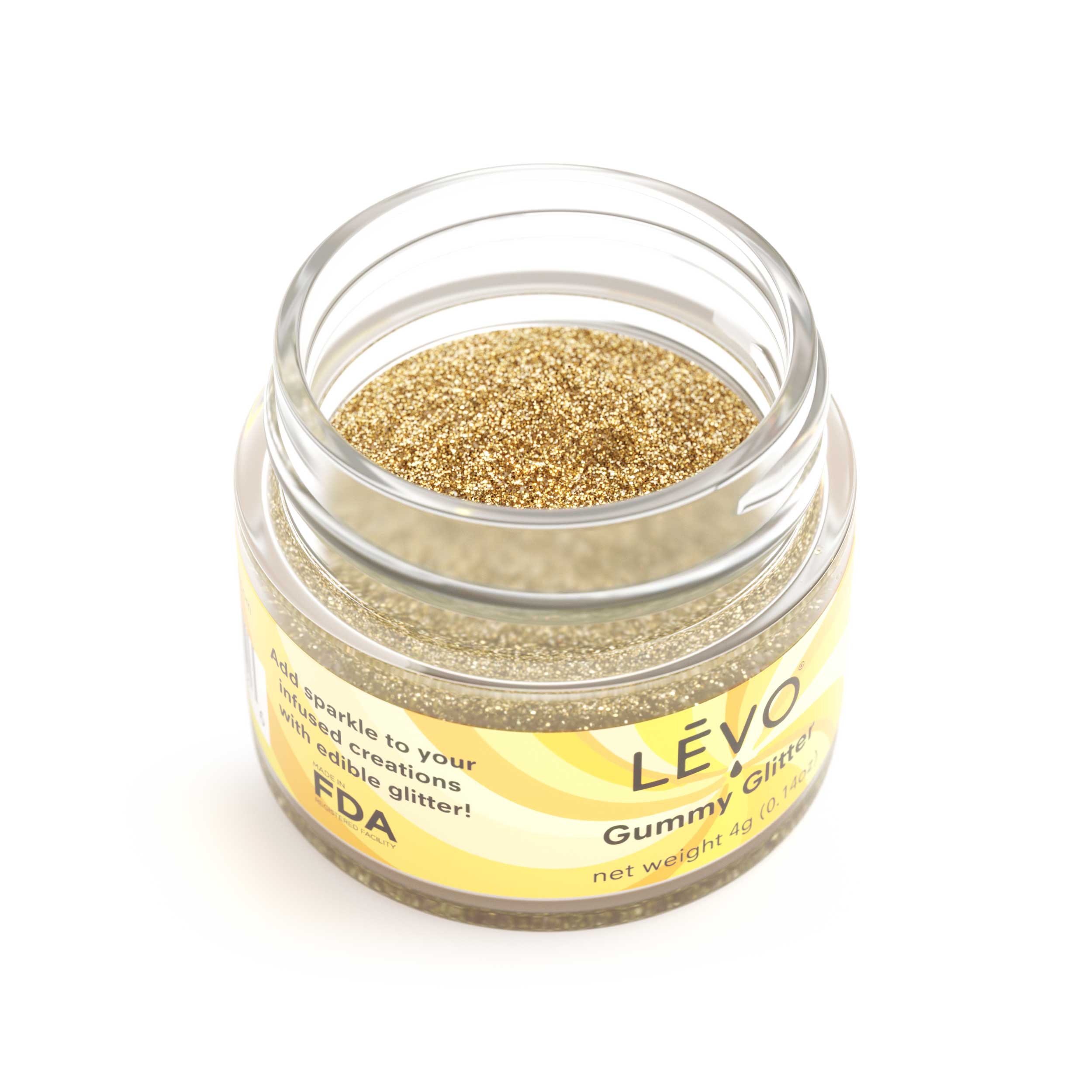 LEVO Gold Gummy Glitter made in an FDA approved facility, made in the USA. Add gold glitter to your infused gummies, dust your chocolate covered strawberries, or top your cupcakes.