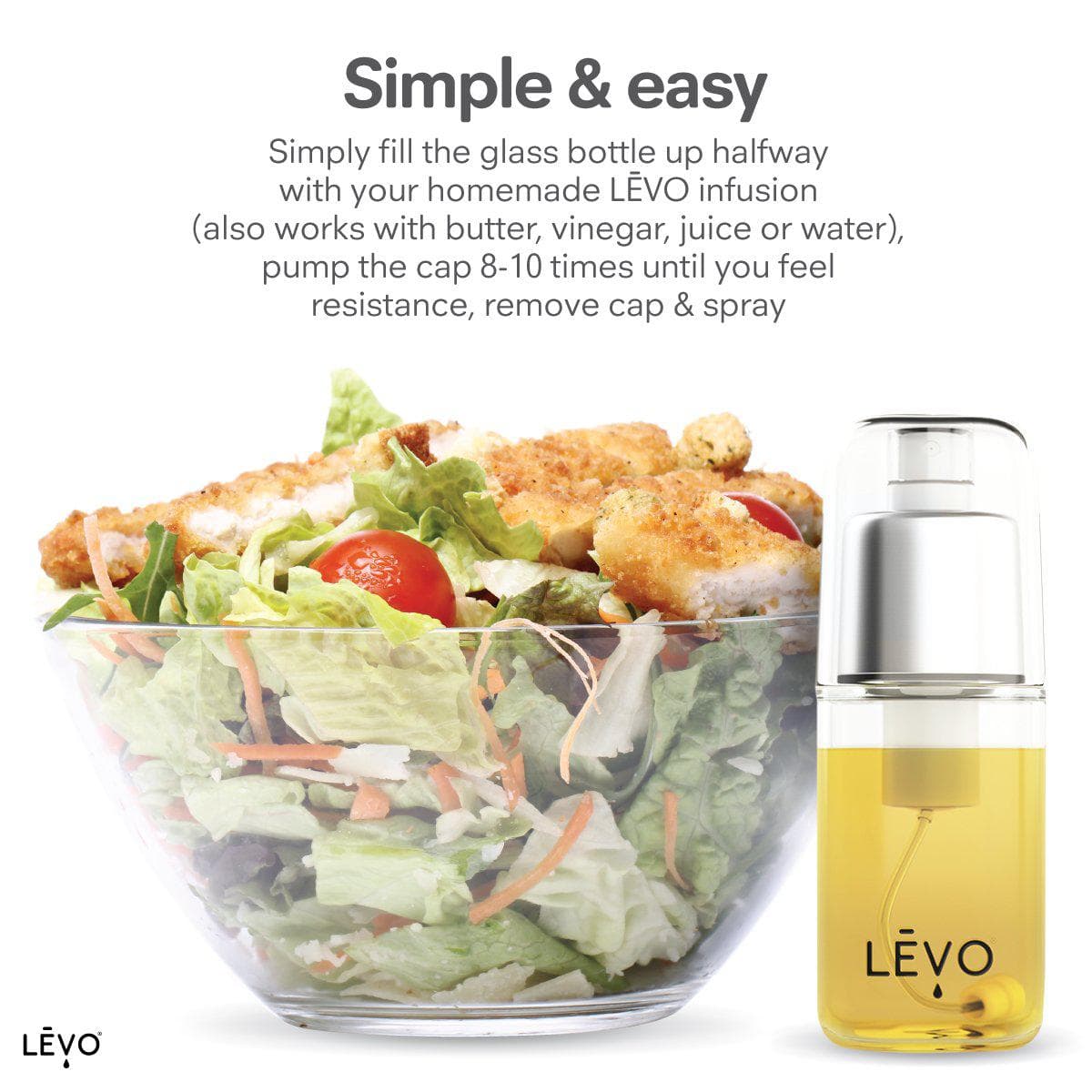 LEVO oil infusion sprayer is simple and easy to use with butter, vinegar, juice, or water. Pump the cap 8-10 times until you feel resistance, remove cap, and spray.